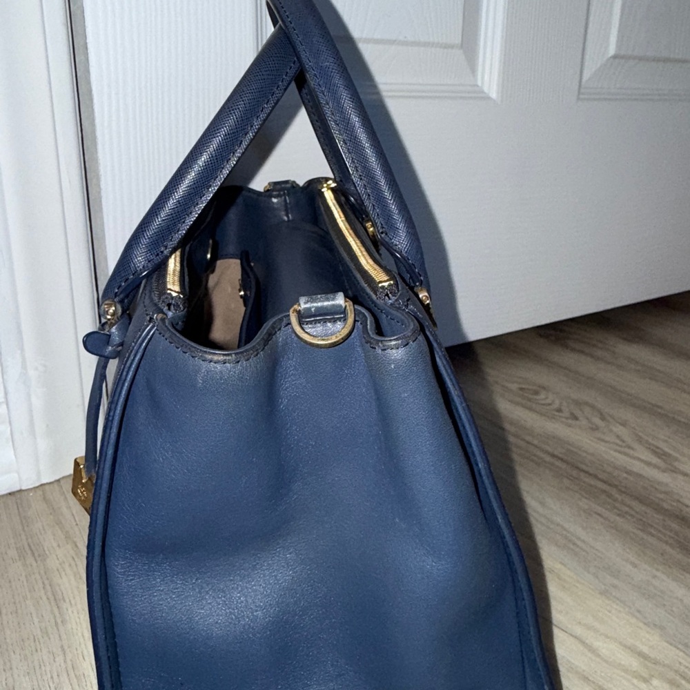MCM Navy Blue Leather Satchel w/ Strap & Gold Hardware - Picture 6 of 12
